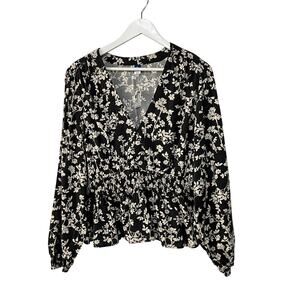 Old Navy Top Womens XLarge Tall Puff-Sleeve Black Floral Smocked Peplum Blouse